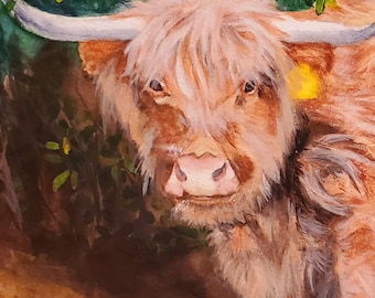 Original Highland Cow Watercolor Painting, Rustic Farm Animal Wall Art