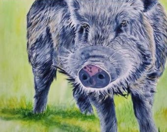May include: A painting of a wild boar with dark gray and black fur, featuring a prominent snout with pink nostrils. The animal is positioned in a field of light green grass, framed by a horizontal brown wooden border at the top edge.