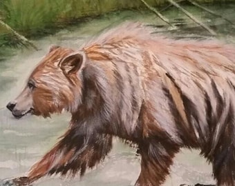 Grizzly Bear Watercolor Original Painting Wildlife Bear Wall Art Rustic Nature Artwork
