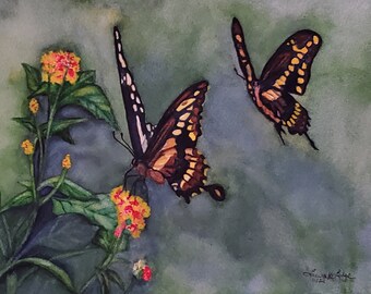 Original Watercolor painting, Butterflies in the Garden