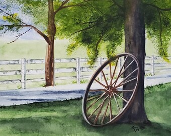 Original watercolor painting of a wagon wheel, "Spokes"