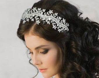 Diadema de cristal floral regal, cabello nupcial, accesorios nupciales, pieza de la cabeza, tocado de plata, accesorios para el cabello de la boda, banda de la cabeza