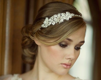 Side Bridal Headband, Swarovski and pearl hairband, wedding side headband, silver plated bridal head band, freshwater pearl headband,