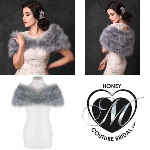 Grey Marabou Feather Shrug,  vintage stole, bridal accessories,ivory feather stole, Hollywood Glamour, Bridal Dress, Evening Shrug Ivory