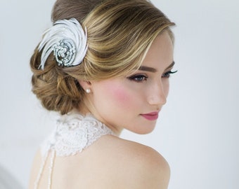White Bridal Feather Hair Clip, bridal hair jewellery, bridal hair Couture