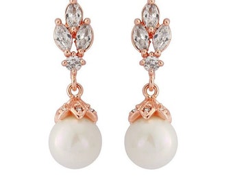 Rose Gold Classic Pearl drop earrings, crystal dangly earrings, bridal drop earrings, bridal pearl earrings, bridal deco earrings, vintage