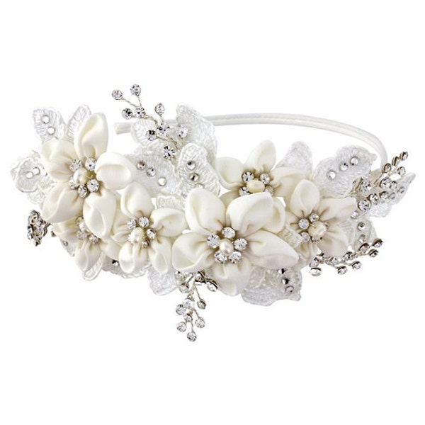 Wedding headband, bridal ivory headband, ivory pearl headband, floral bridal headband, swarovski crystal headband, bridal hair piece
