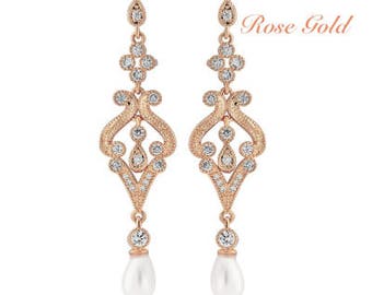 Glam Rose gold Vintage style Ivory Droplet Pearl Earrings, bridal ear rings, prom earrings, bridal accessories, bridal jewellery