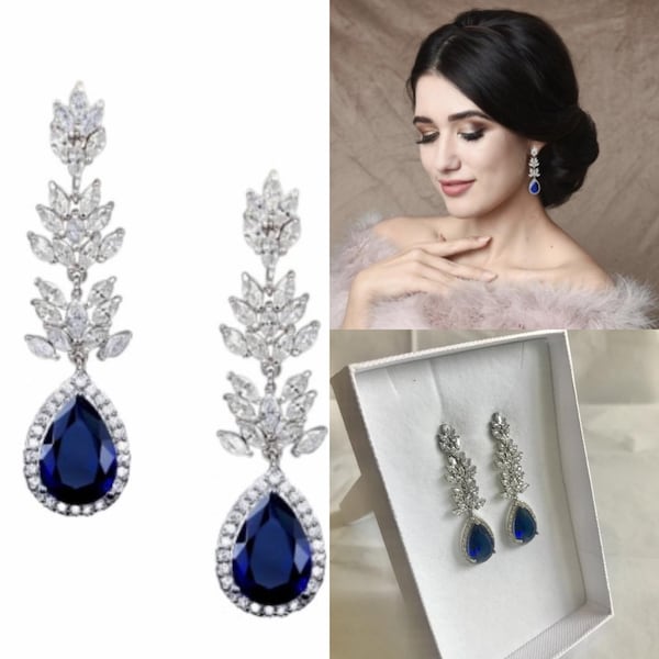 Sapphire Blue crystal droplet earrings, Crystal Droplet Earrings, bridal earrings, prom earrings, bridal accessories, bridal jewellery