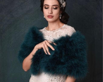 Teal Marabou Feather Wrap,  vintage stole, bridal accessories,ivory feather stole, Hollywood Glamour, Bridal Dress, Evening Shrug Ivory