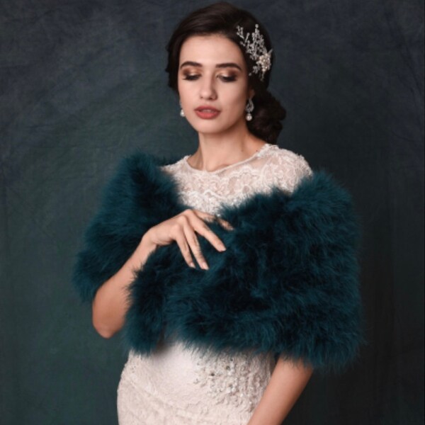 Teal Marabou Feather Wrap,  vintage stole, bridal accessories,ivory feather stole, Hollywood Glamour, Bridal Dress, Evening Shrug Ivory