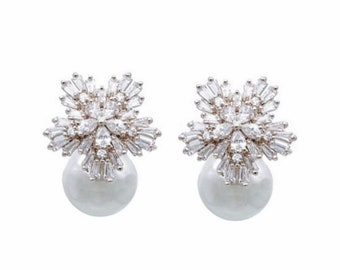 Crystal Starlet Pearl Stud Earrings, bridal earrings,bridal pearl earrings, prom earrings, bridal accessories, bridal jewellery