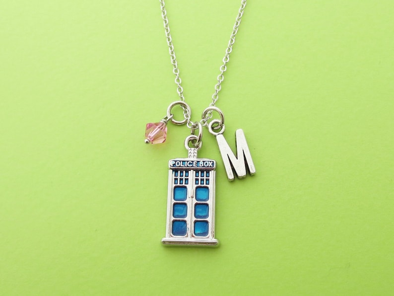 Personalized Initial Silver Custom Police Doctor who Police box Gift Box Necklace Birthstone Jewelry Letter