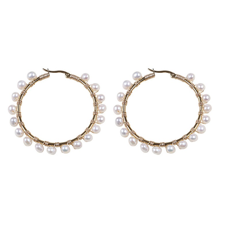 Freshwater pearl hoop earrings Gold hoop earrings Stylish trendy pearl earrings Tennis chain Earrings Tennis pearl Jewelry Gift for her