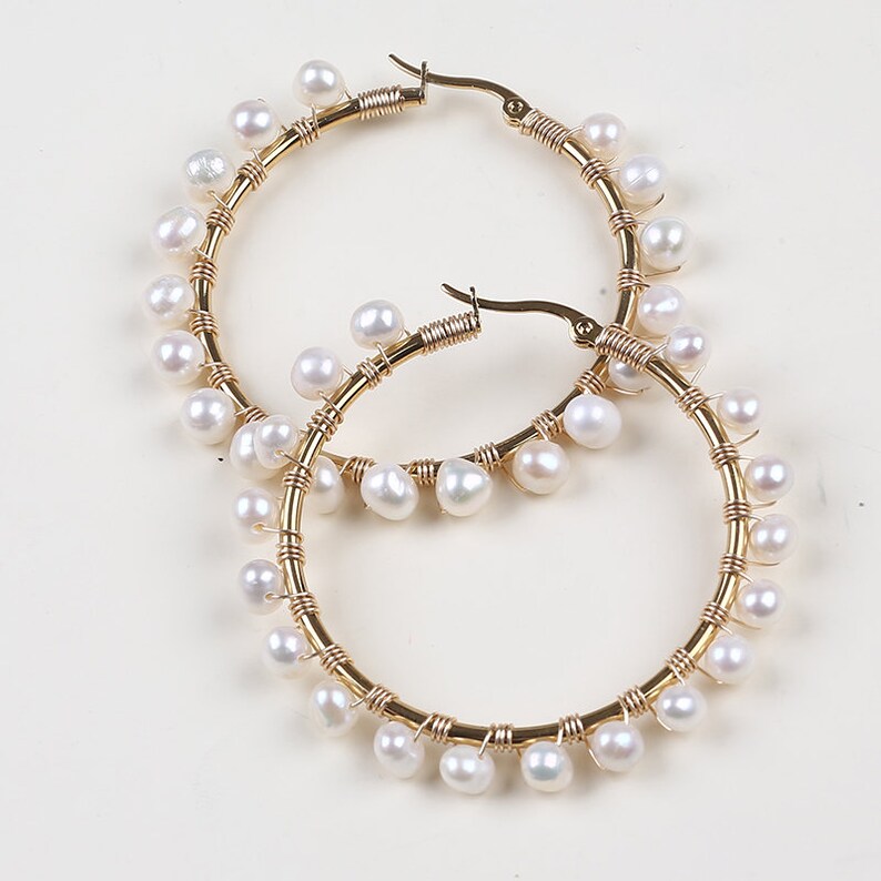 Freshwater pearl hoop earrings Gold hoop earrings Stylish trendy pearl earrings Tennis chain Earrings Tennis pearl Jewelry Gift for her