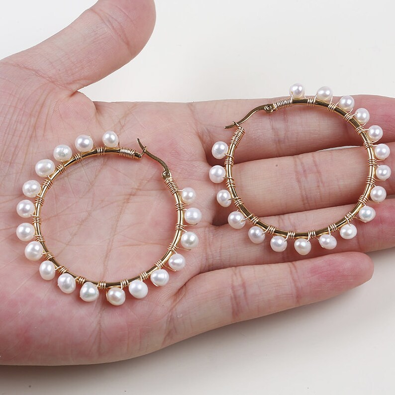 Freshwater pearl hoop earrings Gold hoop earrings Stylish trendy pearl earrings Tennis chain Earrings Tennis pearl Jewelry Gift for her