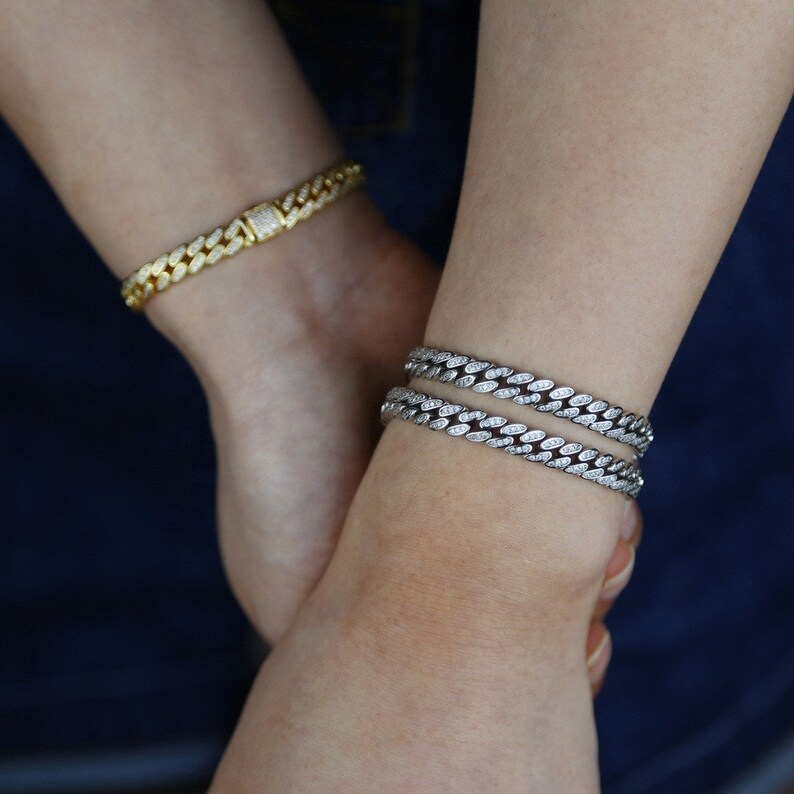6.5mm cuban link chain Iced out bling cz cuban link chain bracelet for women mens hiphop jewelry gold silver
