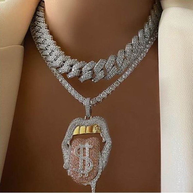 Tennis chain drip lip Iced Out Bling 5A CZ Sexy Mouth Pendant Etsy