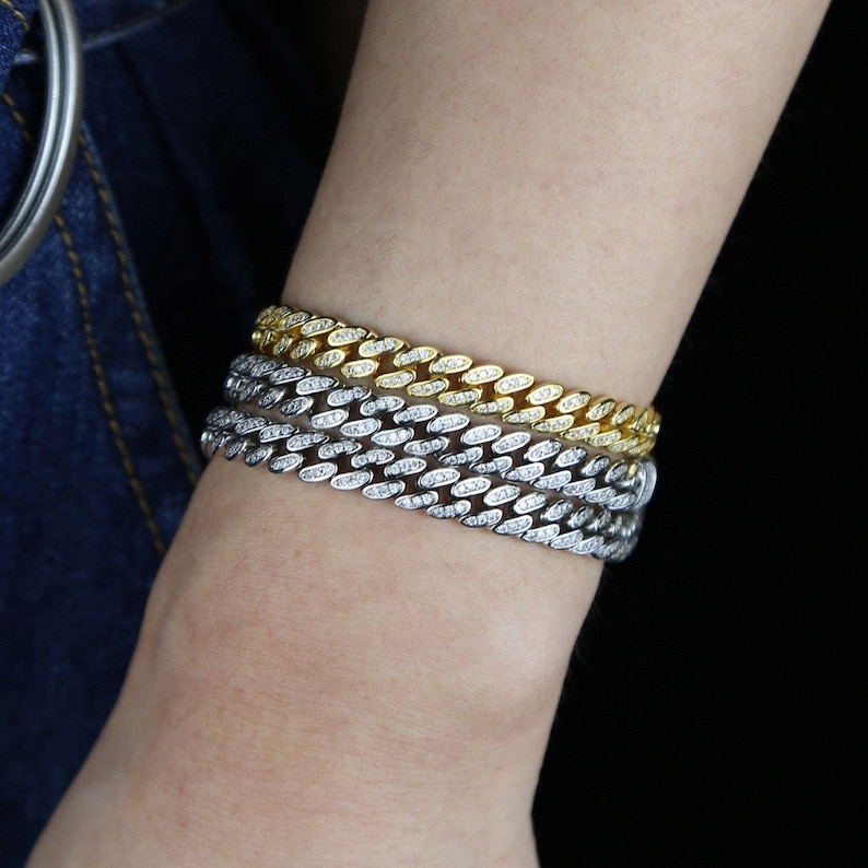 6.5mm cuban link chain Iced out bling cz cuban link chain bracelet for women mens hiphop jewelry gold silver
