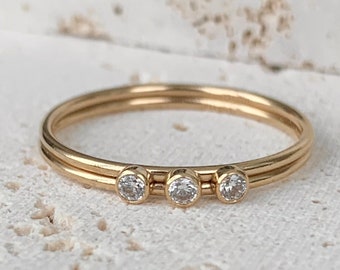 Minimalist Trio CZ Ring,Three stone ring,14kt gold filled,thin gold rings,2mm cz,layering,stacking,gold band rings,simple stacking rings her