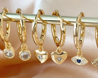 Mini Gold Heart Hoops,9mmhoops earrings,gold over sterling silver,heart lock earrings,heart tag drop dangle with cz,cz heart huggies hoops
