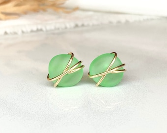 Green Sea Glass Stud Earrings,made to order,beach wedding,green earrings,sea glass jewelry,dainty stud earrings,beach accessories,rare,gold