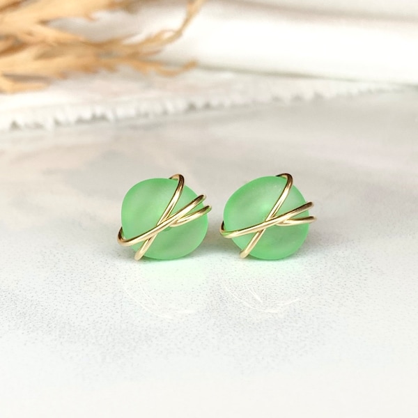 Green Sea Glass Stud Earrings,made to order,beach wedding,green earrings,sea glass jewelry,dainty stud earrings,beach accessories,rare,gold