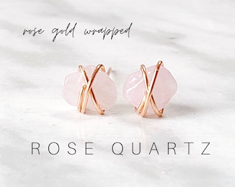 Rose Quartz Stud earrings,petite raw crystal,wire wrapped earrings,crystal quartz studs,delicate jewelry,free shipping,rose quartz jewelry