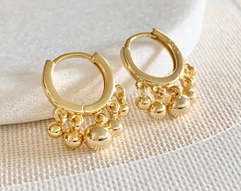 Gold Ball Dangle Hoop Earrings,Gold vermeil,11mm Hoop Huggies,small hoop earrings,small huggie earrings,dangle earrings,ball hoops,simple