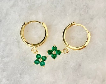 Emerald Green Flower Dangle Huggie Hoop Earrings,Gold Vermeil,925 Sterling Silver,Flower Charm Earrings,Gold,Four Leaf Clover Hoop Earrings