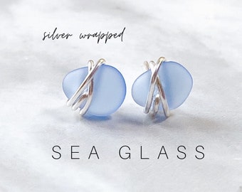 Blue Sea Glass Stud Earrings,Handmade,Sea glass earrings,beach jewelry,bridal jewelry,ocean lovers,silver posts,blue sea glass,wire wrapped