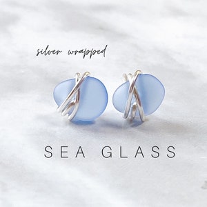 Blue Sea Glass Stud Earrings,Handmade,Sea glass earrings,beach jewelry,bridal jewelry,ocean lovers,silver posts,blue sea glass,wire wrapped