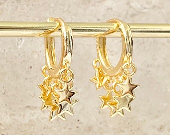 Gold Star Dangle Hoop Earrings,boho earrings,Gold vermeil,11mm Hoop Huggies,celestial earrings,star charm hoops,boho jewelry,mini stars,gift