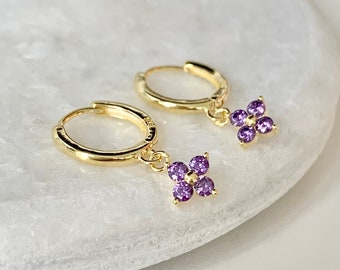 Lavender Purple Flower Dangle Hoop Earrings,Dainty,Gold Vermeil,Flower Charm Huggie Hoop Earrings,Gold Flower Hoop Earrings,925 Sterling,cz