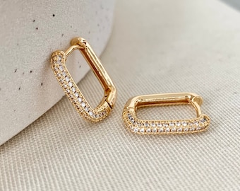 Gold,Minimalist Pave Rectangle Hoop Earrings,14k Gold,Stainless steel,diamond rectangle,oval hoops,small,CZ hoops,bridal jewelry,oblong,gift