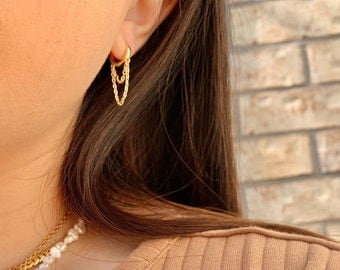Dainty Gold Chain Huggie Earrings,Hoop Huggies with Gold Chain,Gold Vermeil Jewelry,Jewelry under 75,layering earrings,double chain earrings