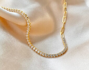 Dainty Half Chain necklace,925 Gold Vermeil,Adjustable,2mm cz tennis chain necklace,paperclip gold necklace,half zircon,delicate,womens gold