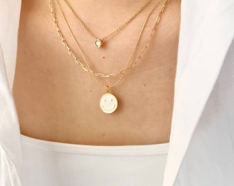 White Smile Necklace,14k Gold Filled,snake chain,18 inches,happy face necklace,gift under 50,modern,90s,layering,jewelry,gift for girlfriend
