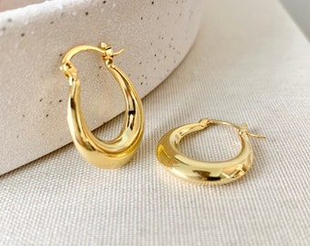 Small Bold Chunky Gold Hoop Earrings,crescent moon,18k gold,lightweight,gift for mom,best friend,cousin,thick hoop,hypoallergenic,everyday