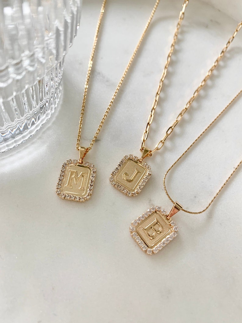 Gold Minimalist Diamond Initial Necklace,cz,dainty,rectangle,18k gold filled,english Letter Necklace,personalize chain,alphabet,custom,gift image 2