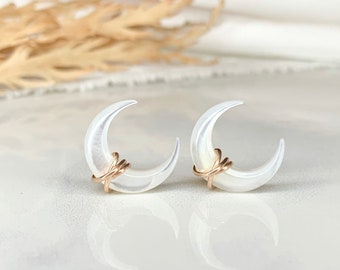 Gold Wire Wrapped Crescent Moon Stud Earrings - Mother of Pearl Posts - Gift For Her- Moonbeam Earrings - Celestial Jewelry - Moon Studs