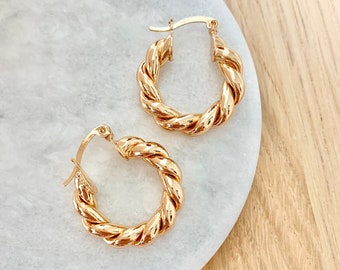 Medium 1" Gold Twist Hoop Earrings,trendy,festive hoop earrings,thick,christmas gift,bold gold earrings,large twist,womens,chic,modern,latch