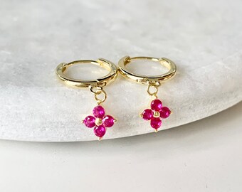 Dainty Fushcia Magenta Flower-Shaped Charm Huggie Hoop Earrings,CZ,gold,hot pink,925 sterling silver,tiny gold hoops,small huggie 11mm hoops