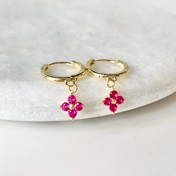 Dainty Fushcia Magenta Flower-Shaped Charm Huggie Hoop Earrings,CZ,gold,hot pink,925 sterling silver,tiny gold hoops,small huggie 11mm hoops