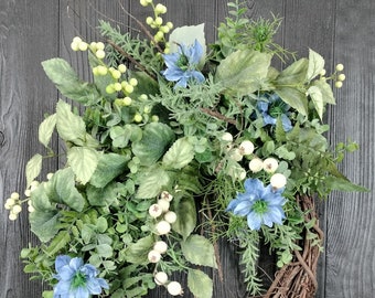 Blue Flower White Berry Greenery Wreath, Year Round Wreath, Everyday Wreaths, Greenery Wreath, Front Door Wreath, Farmhouse Wreath