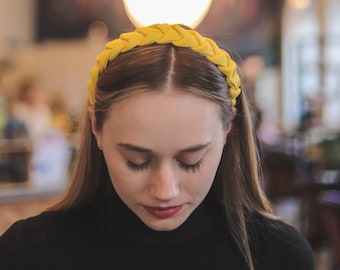 Light yellow handmade linen braided hairband headband diadem