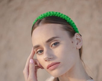 Extravagant bright green macramé handmade headband diadema