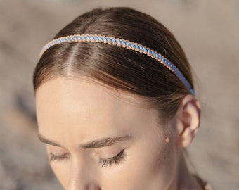 Narrow beige and light blue coloring macramé handmade headband hairband diadem