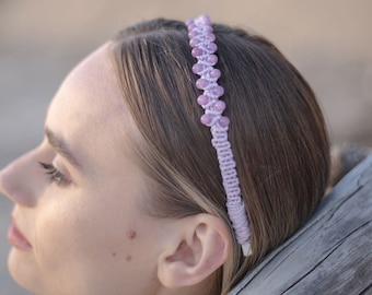 Lilac color narrow unique handmade macramé headband with glass beads