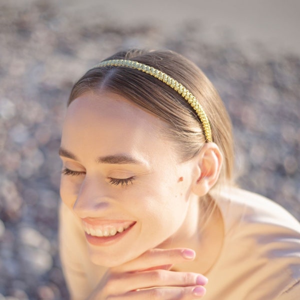 Narrow golden color macramé handmade headband hairband diadem